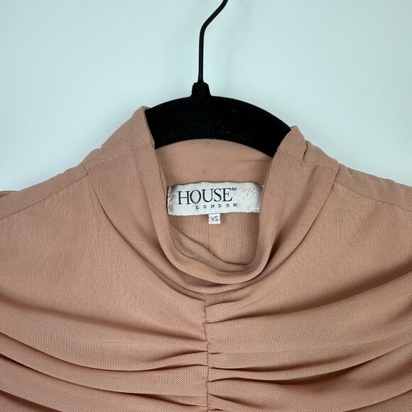 House Of CB Soleil Nude Dusty Pink Mesh Long Sleeve Ruched Dress XS - Picture 8 of 10